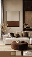 create a mood board with modern, transitional design with brown and gold accent colors and brown, white and beige mocha mousse color palette