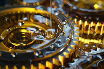 Oil pouring on gears ensuring smooth operation and preventing friction, symbolizing maintenance and industrial processes