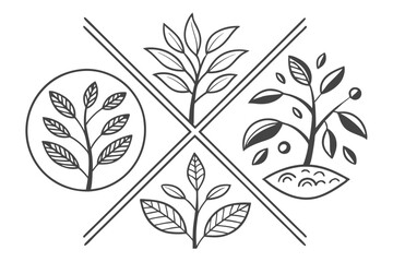 Minimalist plant icons, black and white line drawings, simple leaf shapes, sprout symbols, botanical illustrations, vector graphics, symmetrical design, nature elements, organic forms, stylized foliag