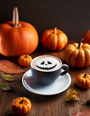 Generated image Cup of cappuccino is decorated with scary pumpkin face for halloween celebration