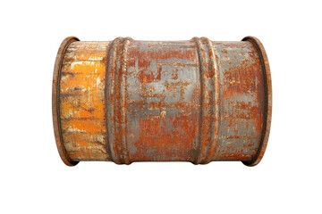 Rusty metal barrel with weathered paint and peeling surface in a distressed state