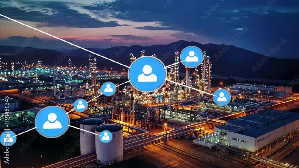 Poster connected network and communication in industrial landscape at dusk illuminated city lights showcase