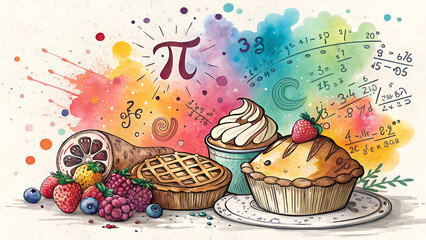Whimsical watercolor splatter background with chaotic mix of bold colors and doodles of bakery items and pi equations, bringing festive and joyful vibe to Day of Pi theme