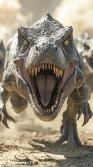 Obraz premium Charging Dinosaurs in Dusty Terrain - A Dynamic Scene of Prehistoric Life in Action.