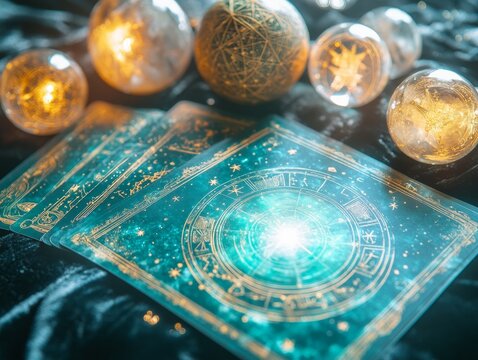 Glowing Astrological Layout Tarot Cards, Crystal Spheres, and Zodiac Symbols on Velvet