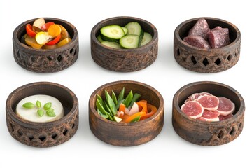 Assorted Fresh Ingredients in Rustic Wooden Bowls for Culinary Preparation