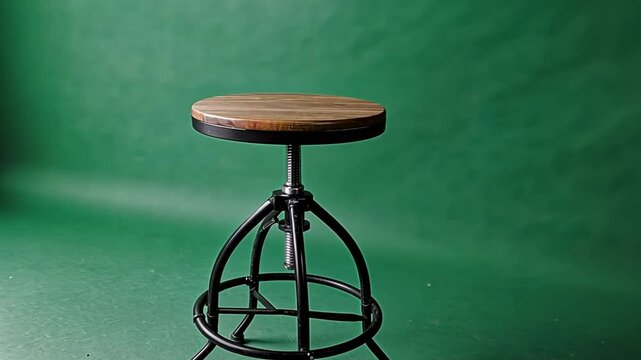 Adjustable height bar stool with wooden top on green background.
