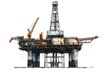 Oil drilling rig in the ocean at dawn showcasing industrial machinery and structures