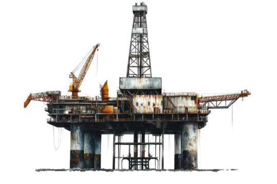 Oil drilling rig in the ocean at dawn showcasing industrial machinery and structures