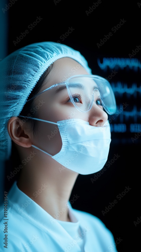 Poster korean lab technician analyzing virus data in sterile environment