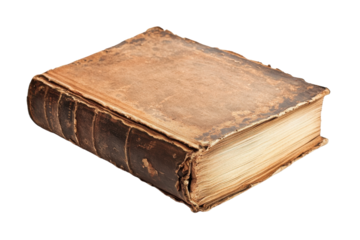 Old leather-bound book with worn edges and a textured cover displayed on a neutral surface