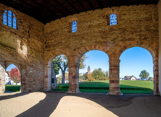 Obraz premium View from the church ruin in the monastery garden of Lorsch, Bergstrasse, Hesse, Germany
