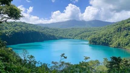 Fototapeta premium Serene Turquoise Lake Nestled in Lush Mountains