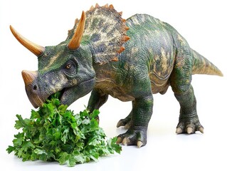 Triceratops Figurine Eating Greens on White Background for Educational and Advertising Use