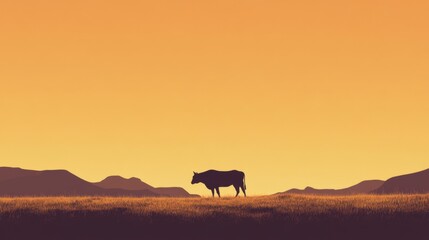 Silhouette of a cow in a field at sunset, mountains in the background.