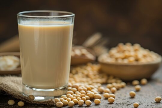 Soy milk in a glass sits on a rustic table surrounded by soybeans, offering a healthy and refreshing plant based beverage option