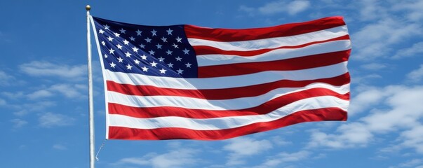 Obraz premium American flag waving against a bright blue sky with clouds