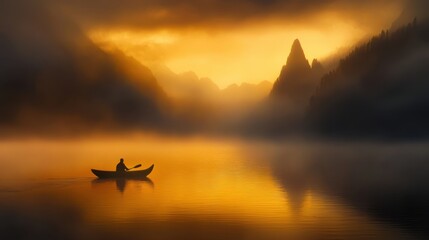 Mystical kayak adventure at sunrise on calm lake