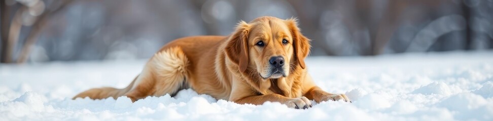 Fototapeta premium Gentle golden retriever stretches on snowy white, stretching, gentle creature