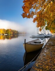 Obraz premium Generated image The port of Lappeenranta on an autumn day, showcasing a boat, yellow fall foliage