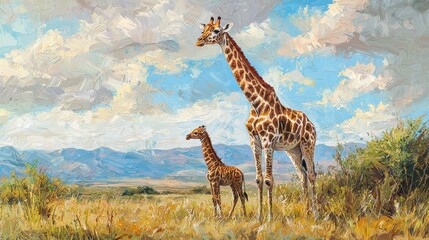 Obraz premium Giraffe and Calf in the African Grasslands