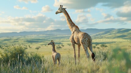 Giraffe and Calf in the African Grasslands