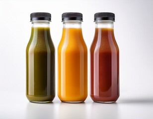 Generated image Three glass bottles of fresh natural fruit and vegetable juices with black caps on a white