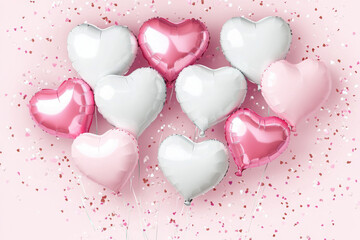 Obraz premium Air Balloons of heart shaped foil on pastel pink background. Love concept. Holiday celebration. Valentine's Day or wedding/bachelorette party decoration. Metallic balloon