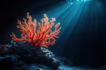 Vivid detailed image of deepsea gorgonian coral in spotlight