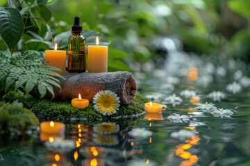 Serene Spa Setting with Essential Oils, Candles, and Relaxing Towels