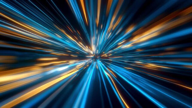 Abstract blue and orange neon light streaks moving fast through on a dark tunnel. Concept of speed, motion or futuristic technology. 4k seamless loop video