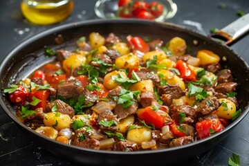 Delicious gnocchi with beef, tomatoes, onions, and parsley cooking in a pan, creating a hearty and flavorful meal