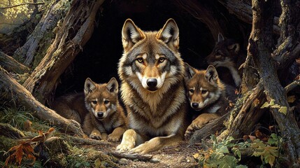 Wild Wolf Mother and Her Pups
