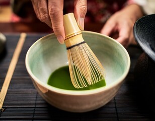 Generated image Traditional Japanese tea ceremony, whipping matcha with matcha whisk-chasen