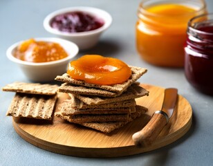 Generated image Traditional Norwegian brunost (brown cheese) served with crispbread and fruit preserves
