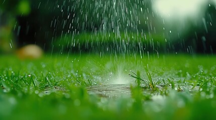 Fresh Rainfall on Lush Green Grass with Water Droplets Splattering