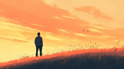 Obraz premium Man Silhouetted Against Sunset Over Grassland