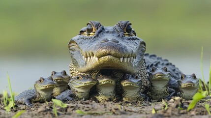 Obraz premium Nurturing Crocodile Mother with Her Hatchlings