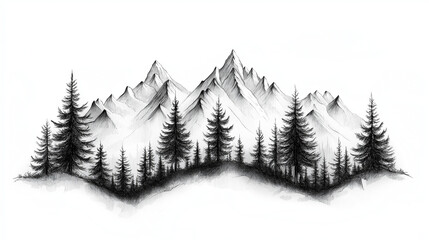 Obraz premium A scenic hand-drawn sketch of a mountain range, featuring detailed peaks, rolling hills, and a few trees. Rendered in a clean pen-and-ink illustration style on a pure white background