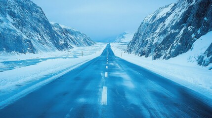Stunning Winter Landscape with Empty Road Surrounded by Snowy Mountains