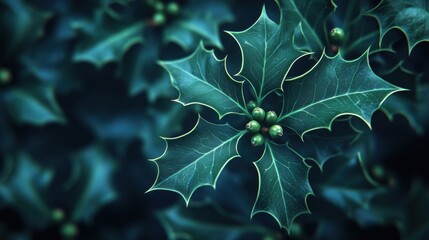 Close-Up View of Holly Leaves and Berries with Dark Background