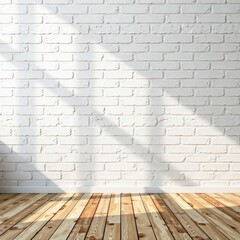 Fototapeta premium Textured white brick wall backdrop, rich wood flooring , rustic, surface, building
