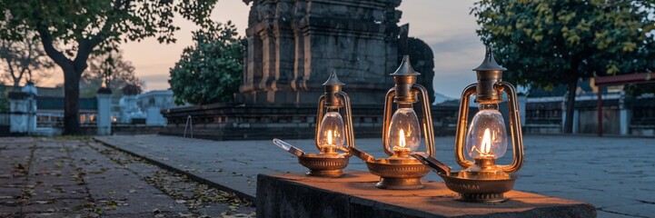 Lit oil lamps at ancient temple dusk.