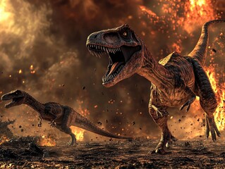 Fototapeta premium Dinosaurs Roaming a Fiery Landscape During Volcanic Eruption
