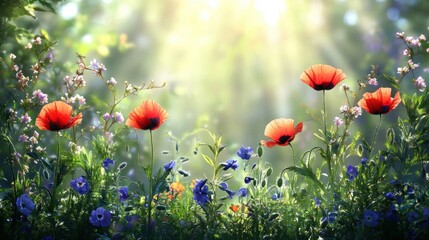 Fototapeta premium Serene Floral Landscape with Bright Red Poppies and Colorful Flowers
