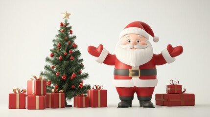 Fototapeta premium Cheerful Santa Claus Character with Christmas Tree and Gifts