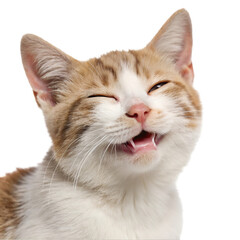 cute, adorable cat having cute smile on its face with closed eyes on white background