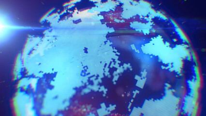 A cool-toned digital depiction of Earth, showcasing pixelated patterns and futuristic blue lighting, emphasizing technology and innovation background, video in high quality 4k, motion design