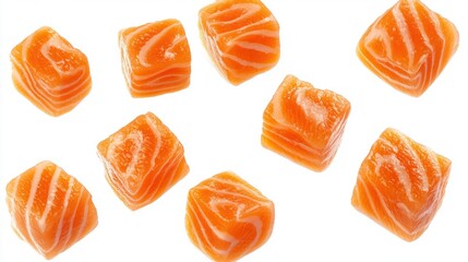 Fresh Salmon Cubes With Rich Orange Color Arranged on White Background