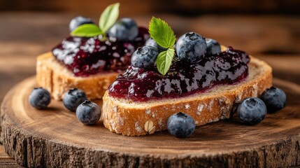 Delicious Toast with Berry Jam and Fresh Blueberries on Wood